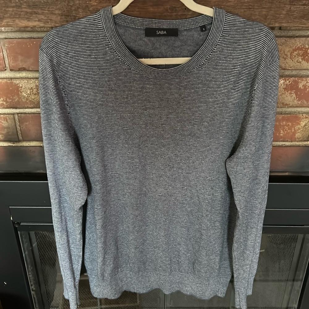 Men’s Saba sweater; size S, blue stripes long sleeves.
